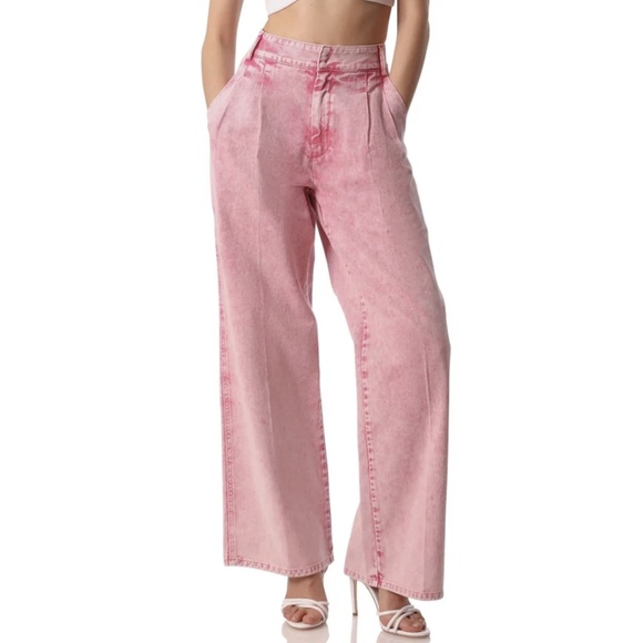 NWT Avec Les Filles Pink Acid Wash Wide Leg Pleated Denim Trouser 28 - Picture 3 of 14